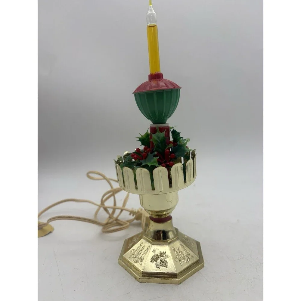 Vintage Christmas Electric Candle Lamp Holly Berries Gold Tone Lighted Decor